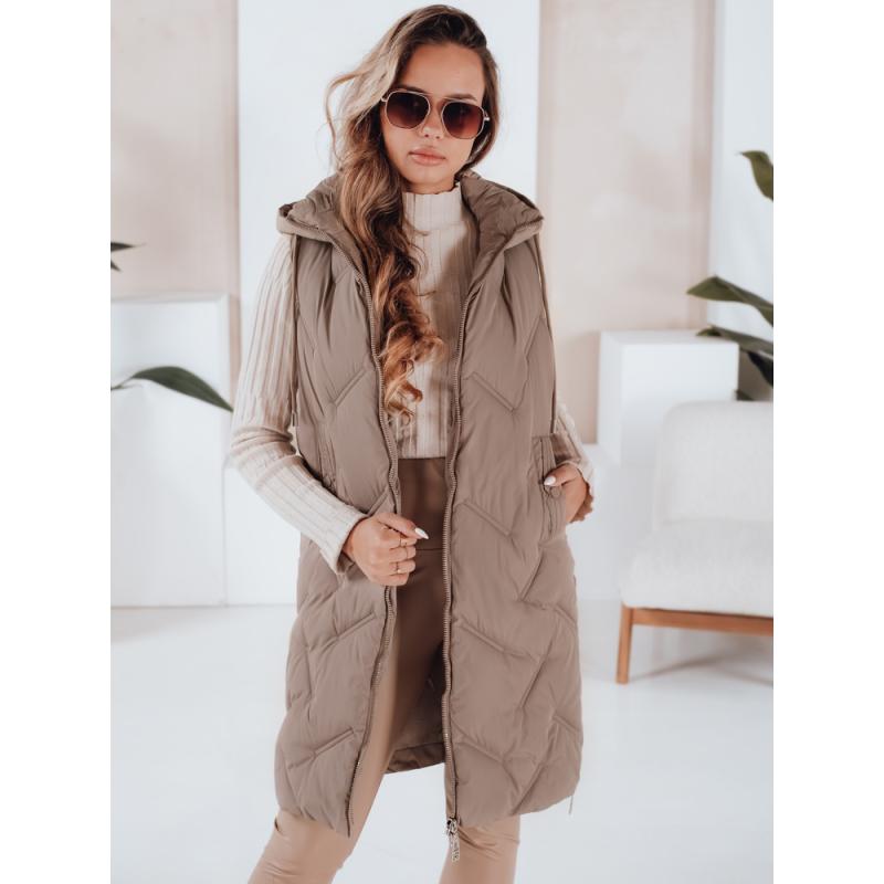 Női hosszú steppelt mellény kapucnival kamel