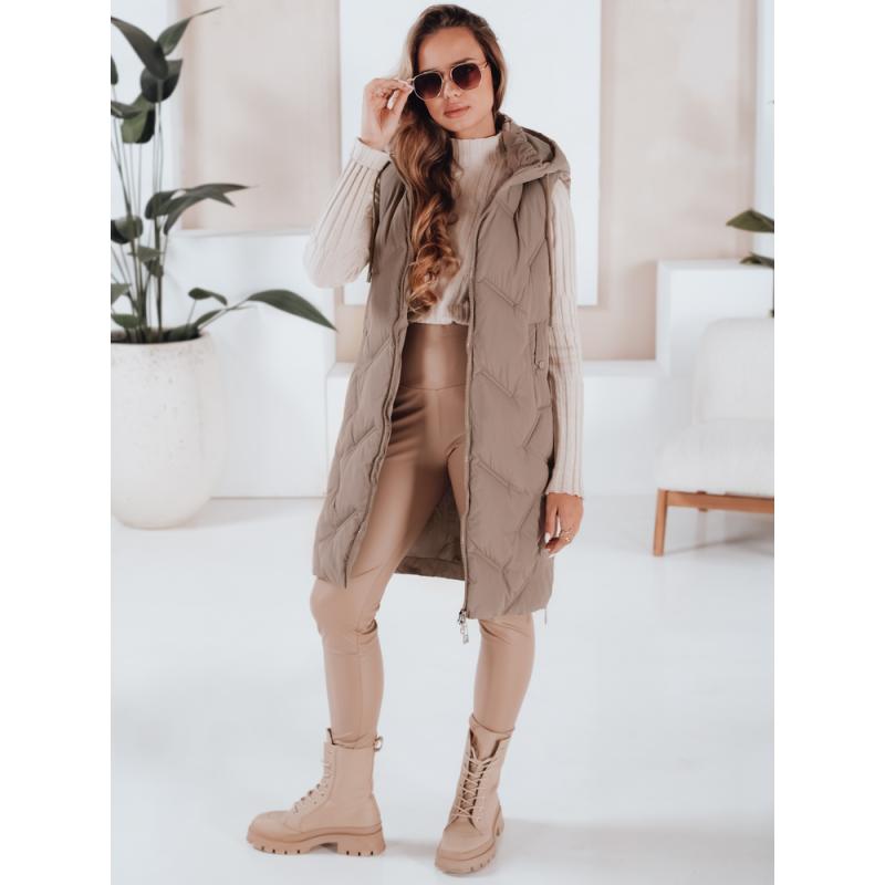 Női hosszú steppelt mellény kapucnival kamel