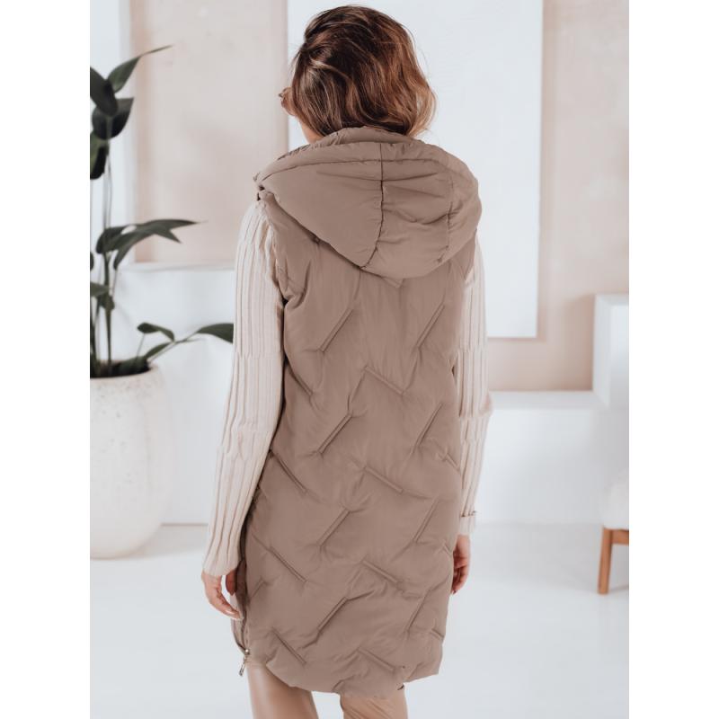 Női hosszú steppelt mellény kapucnival kamel