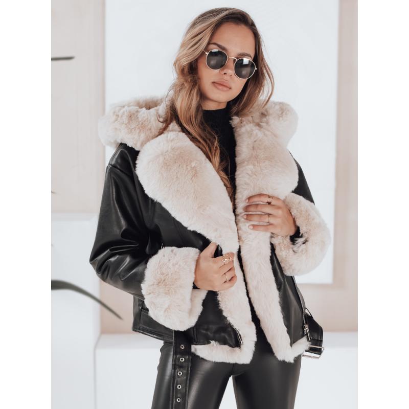 Dámská zimní koženková bunda s kožešinou černá