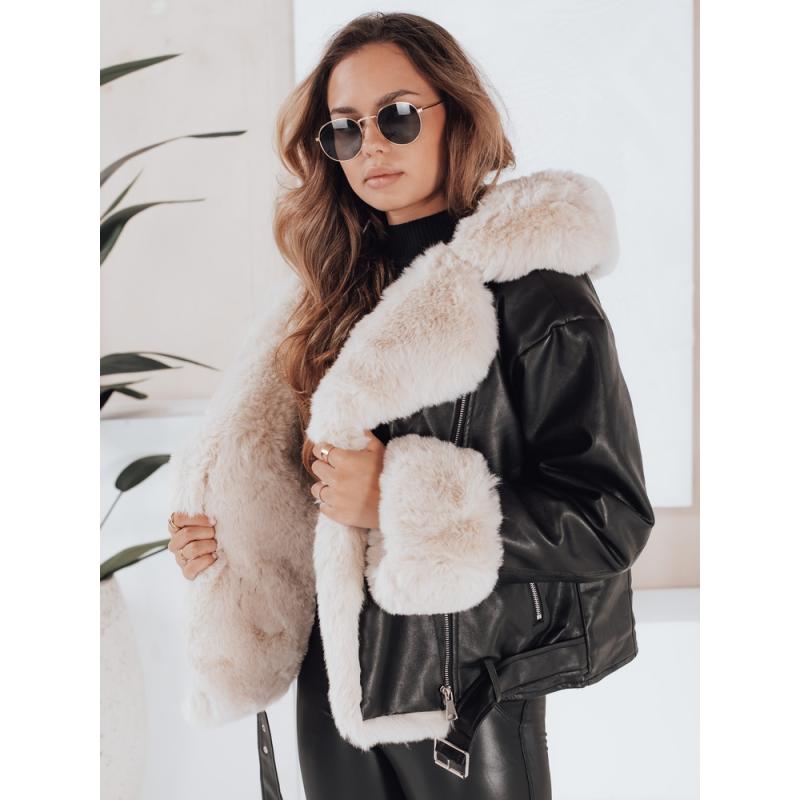 Dámská zimní koženková bunda s kožešinou černá