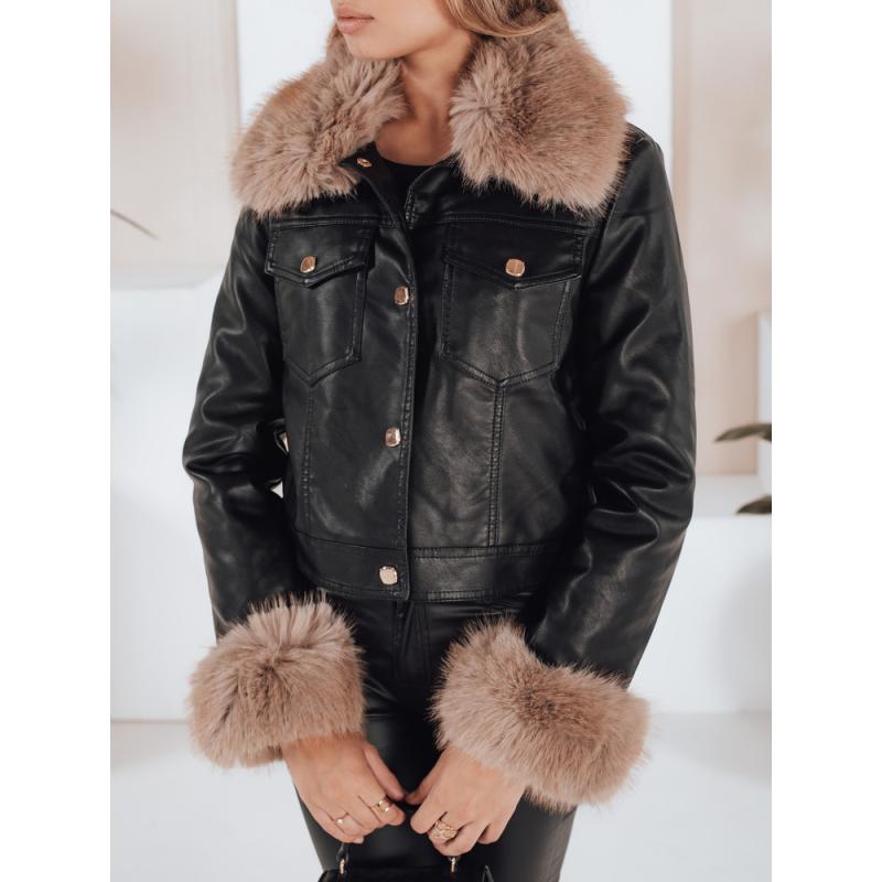 Dámská koženková bunda s kožešinou, černá