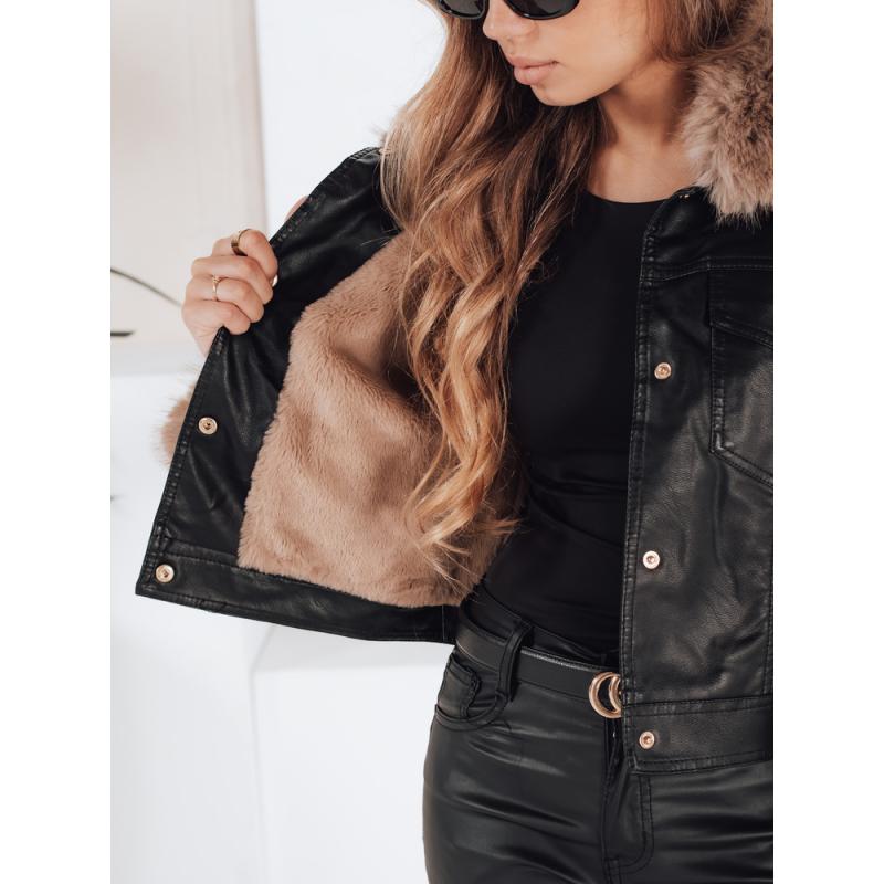 Dámská koženková bunda s kožešinou, černá