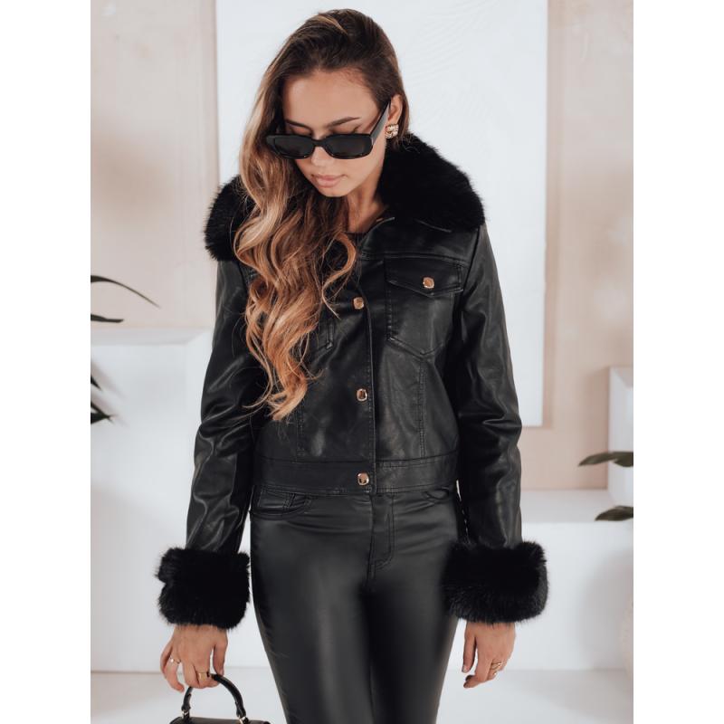 Dámská koženková bunda s kožešinou, černá