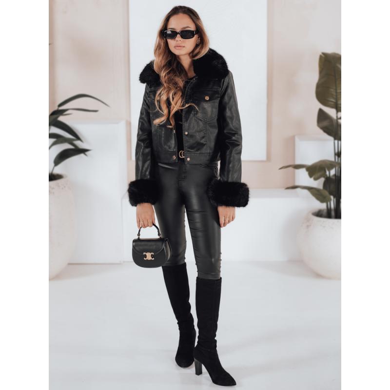 Dámská koženková bunda s kožešinou, černá