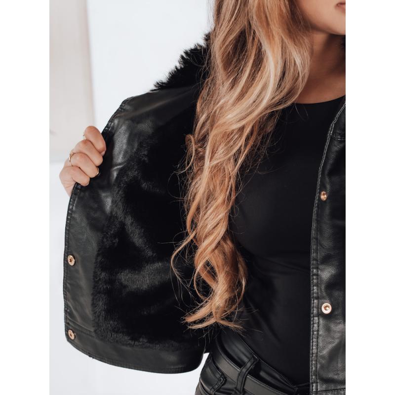 Dámská koženková bunda s kožešinou, černá