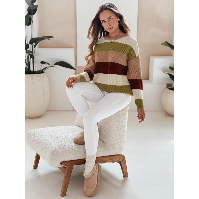 Női pulóver csíkos CALVENA kamel zöld