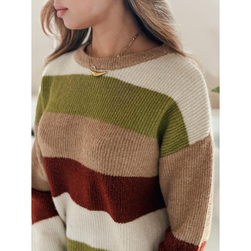Női pulóver csíkos CALVENA kamel zöld