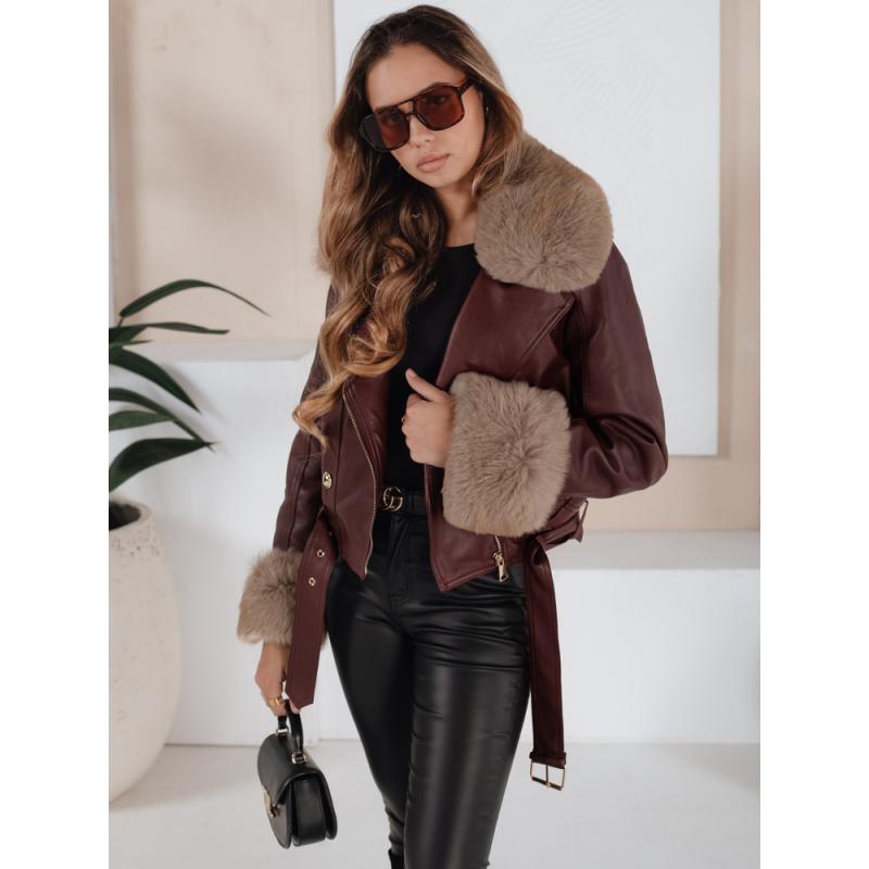 Dámská kožená zimní bunda s kožešinou bordó