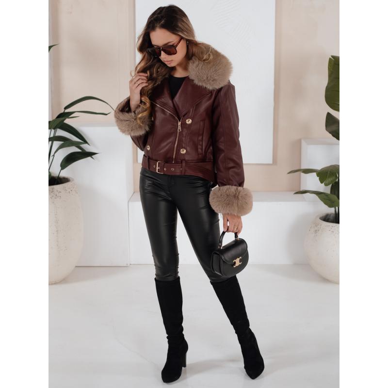 Dámská kožená zimní bunda s kožešinou bordó
