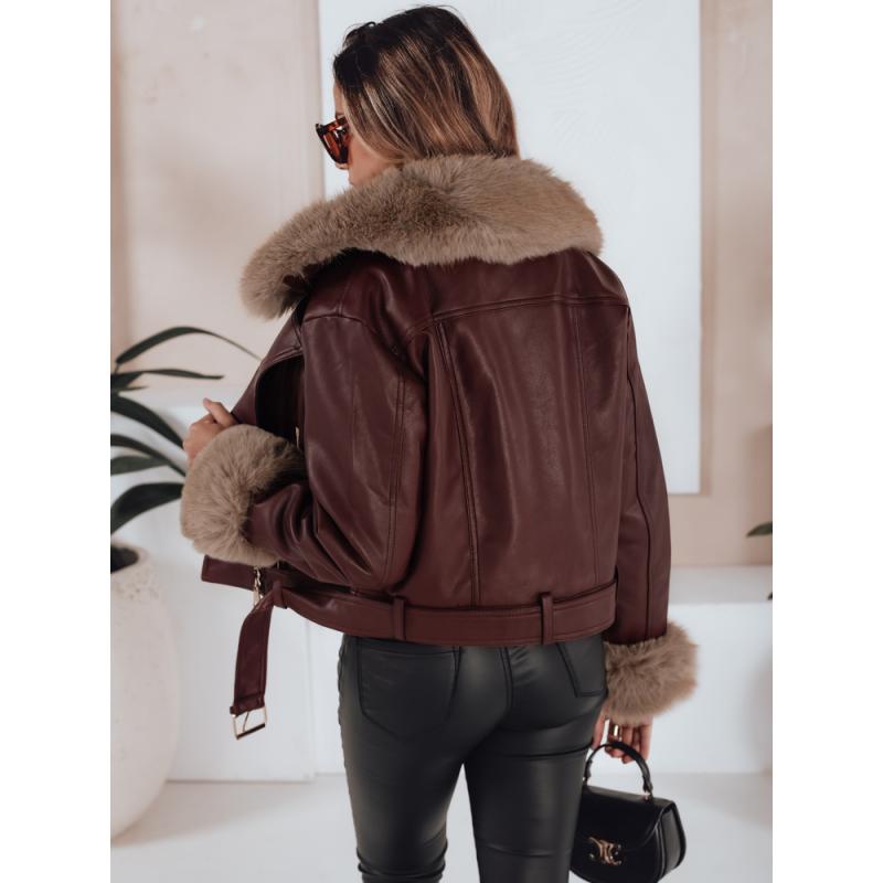 Dámská kožená zimní bunda s kožešinou bordó