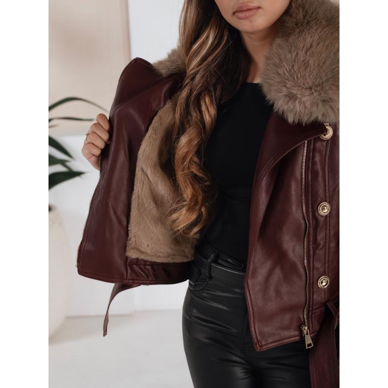 Dámská kožená zimní bunda s kožešinou bordó
