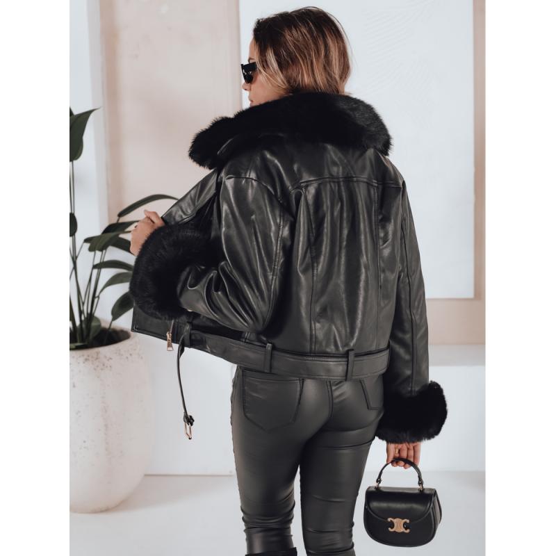 Dámská kožená zimní bunda s kožešinou černá