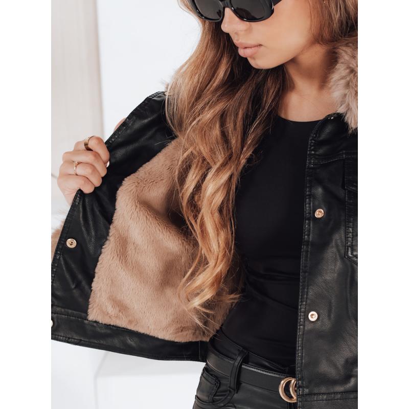 Dámská kožená zimní bunda s kožešinou černá