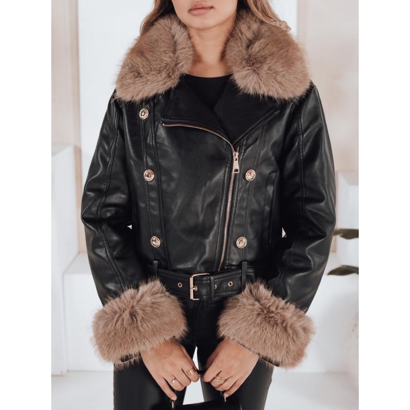Dámská kožená zimní bunda s kožešinou černá
