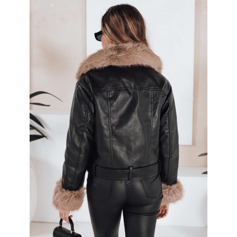 Dámská kožená zimní bunda s kožešinou černá