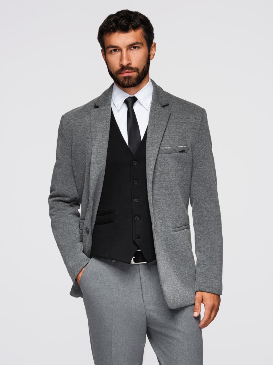 Pánské elegantní slim fit pletené sako s klopami, tmavě šedé