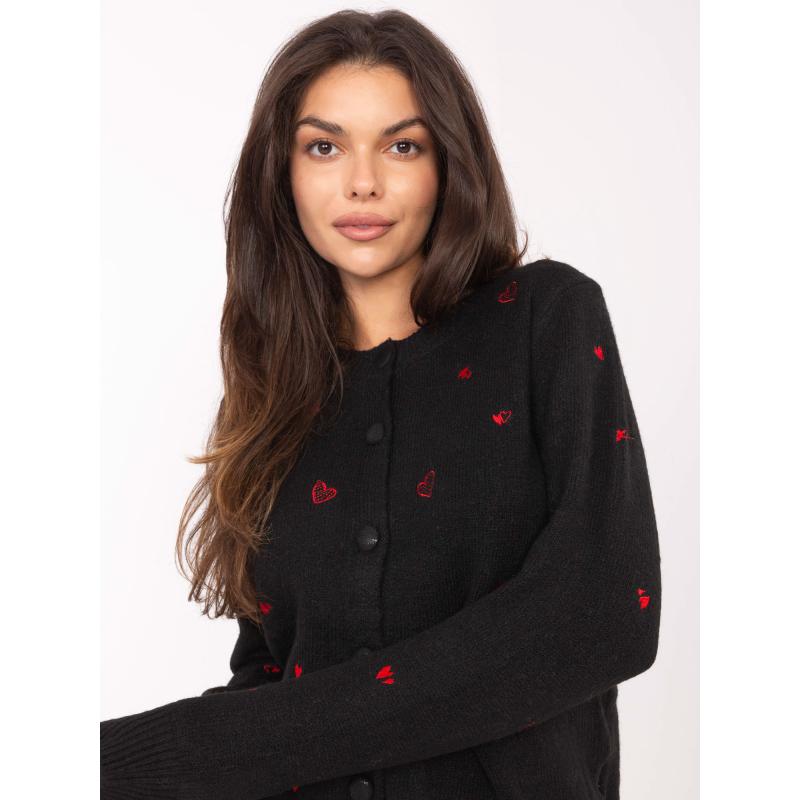 Fekete női pulóver szív alakú hímzéssel