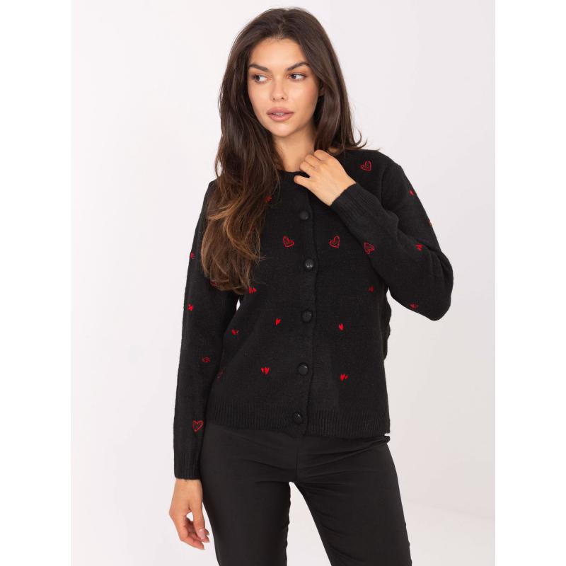 Fekete női pulóver szív alakú hímzéssel