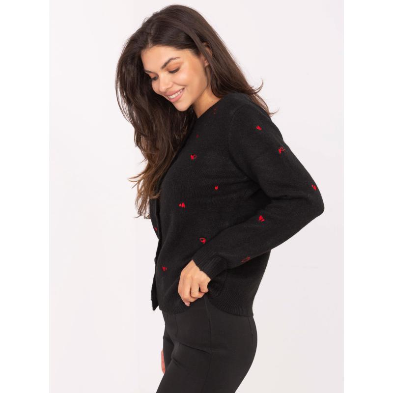 Fekete női pulóver szív alakú hímzéssel