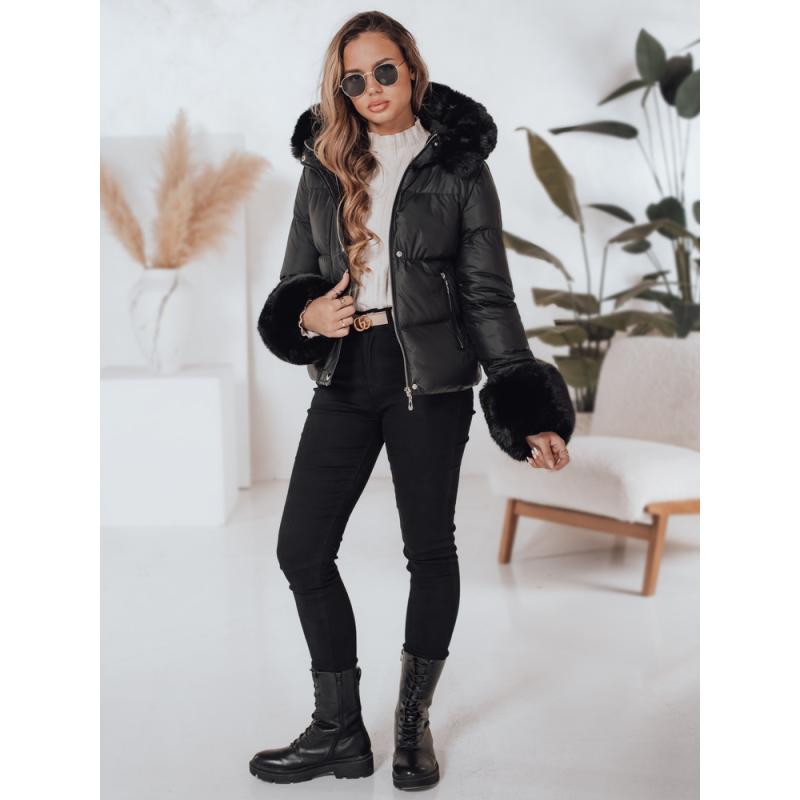 Dámska zimna bunda YOUWARM krátka prešívaná s kožušinkou čierna