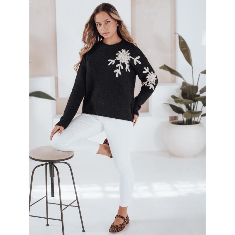 Női pulóver virágos díszítéssel GIRLHERBAL fekete