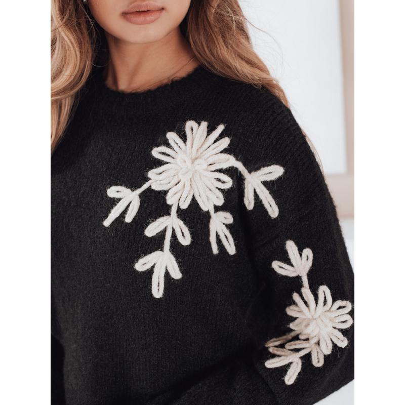 Női pulóver virágos díszítéssel GIRLHERBAL fekete