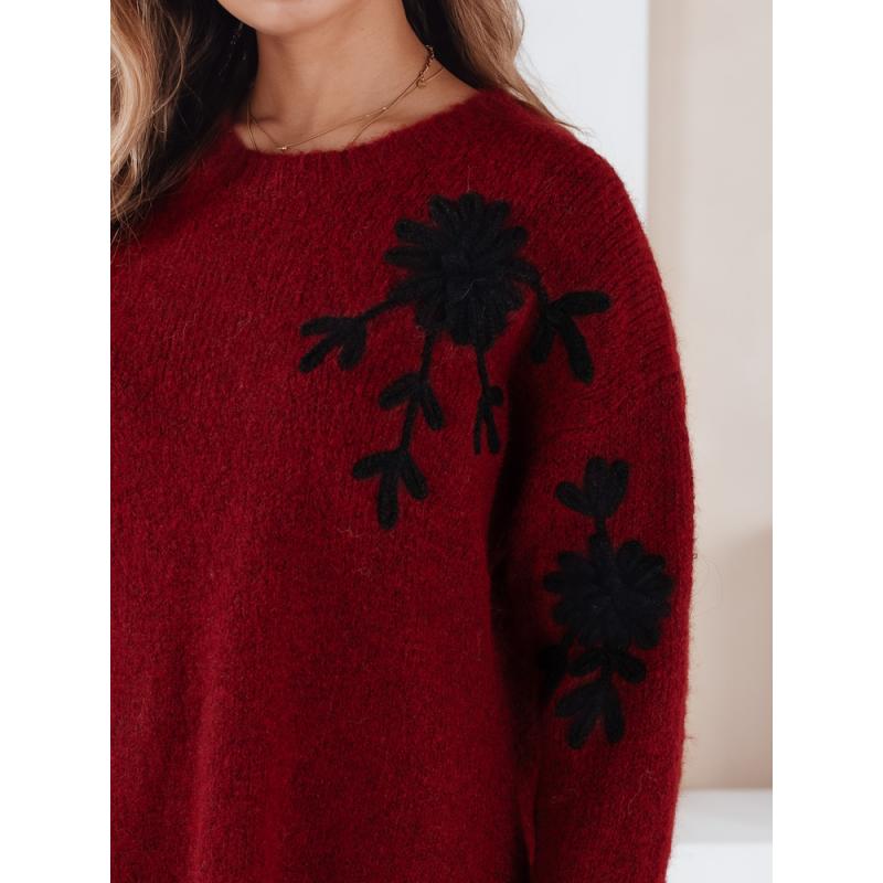 Női pulóver virágos díszítéssel GIRLHERBAL bordó