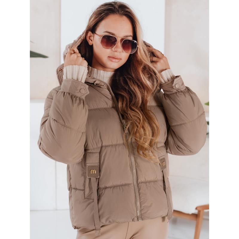 Női téli steppelt kabát kapucnival, kamel