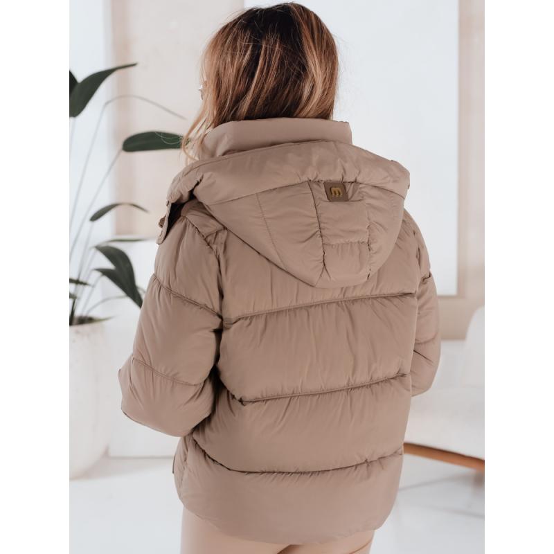 Női téli steppelt kabát kapucnival, kamel