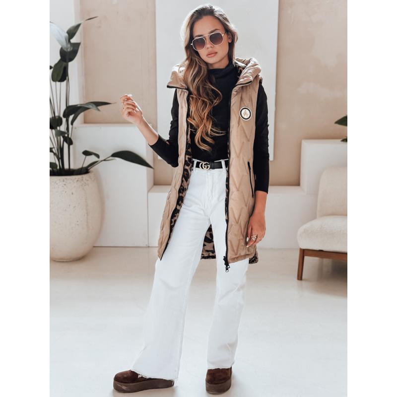 Dámská oboustranná vesta s kapucí, kamelová