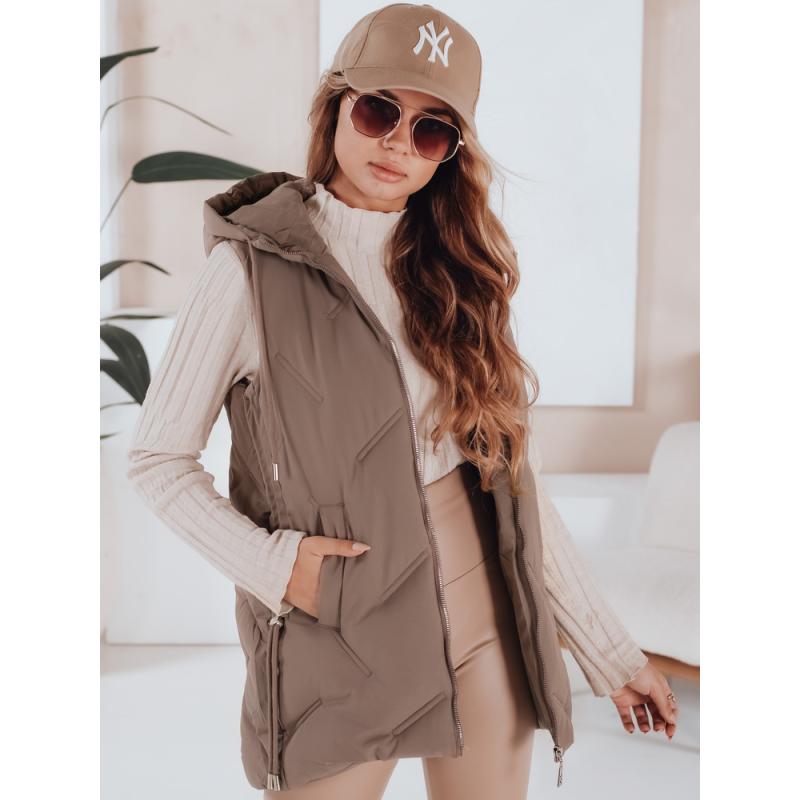 Női steppelt kabát kapucnival, sötét bézs