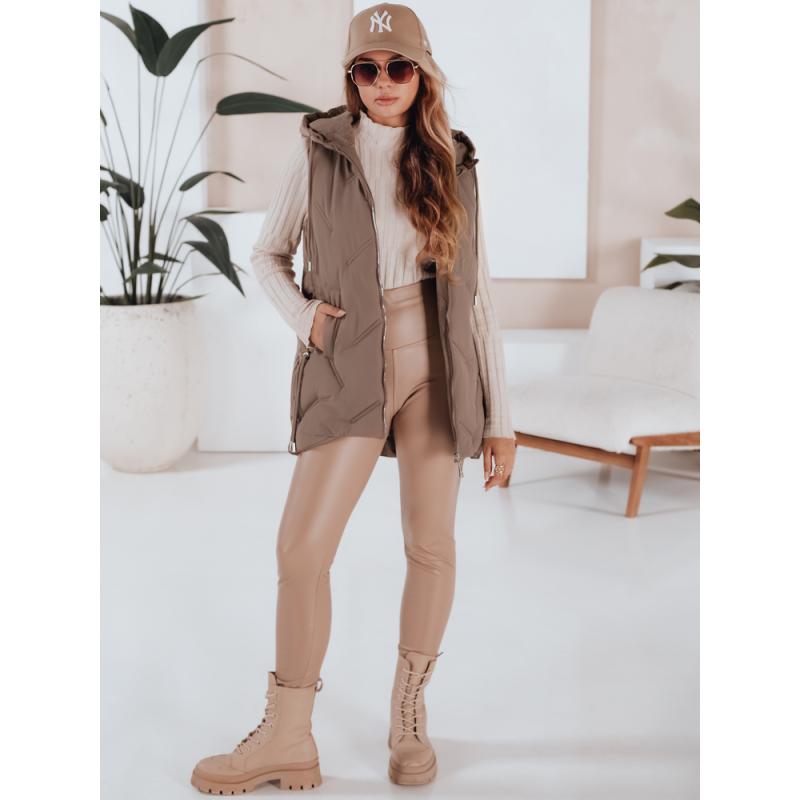 Női steppelt kabát kapucnival, sötét bézs