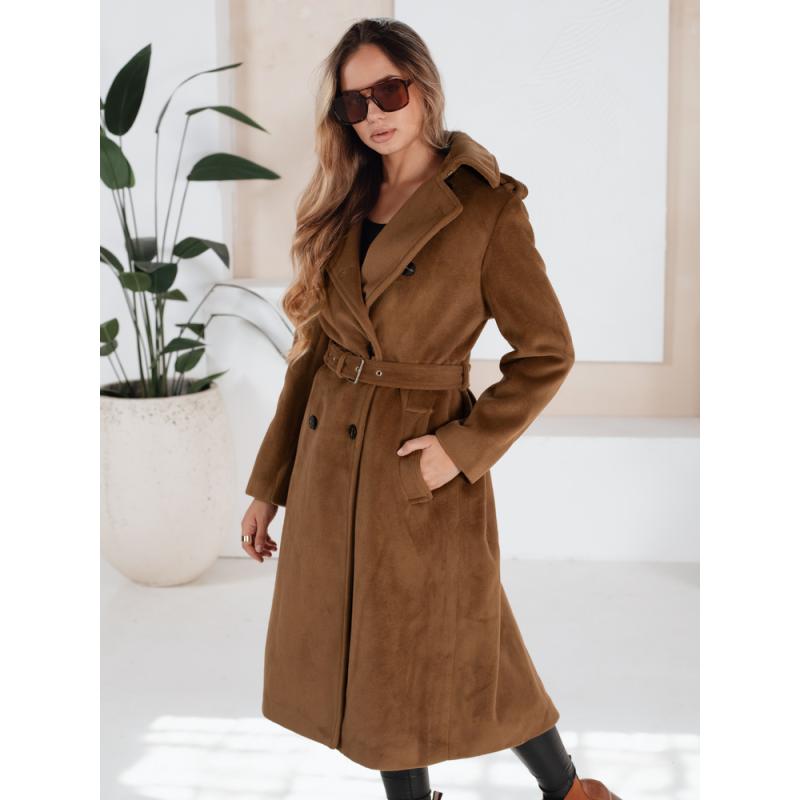 Női téli kabát, klasszikus trenchcoat, barna