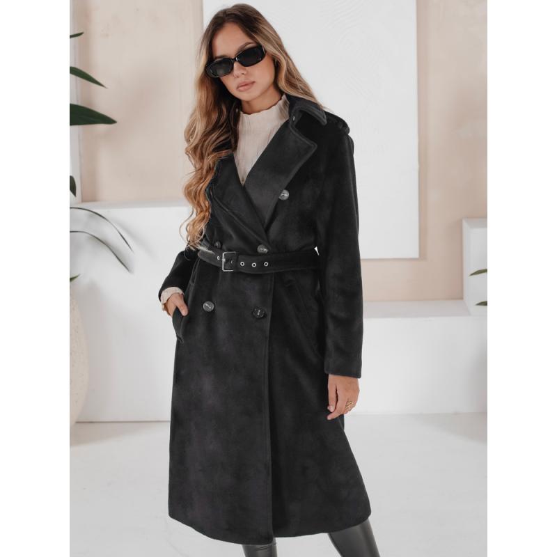 Női téli kabát, klasszikus trenchcoat, fekete