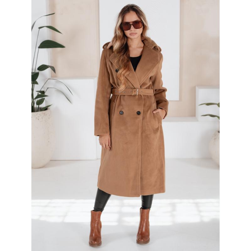 Női téli kabát, klasszikus trenchcoat, kamel