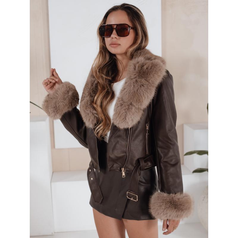 Dámska zimná bunda z umelej kože s kožušinou, hnedá
