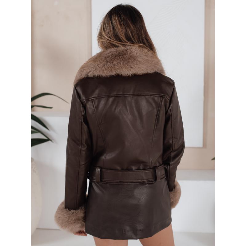 Dámska zimná bunda z umelej kože s kožušinou, hnedá