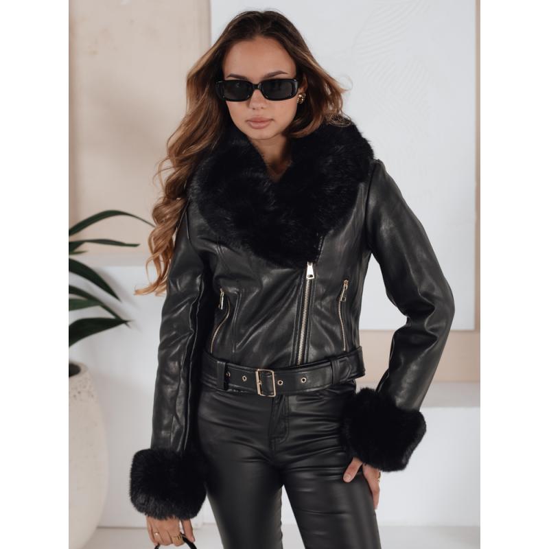 Dámska zimná bunda z umelej kože s kožušinou, čierna