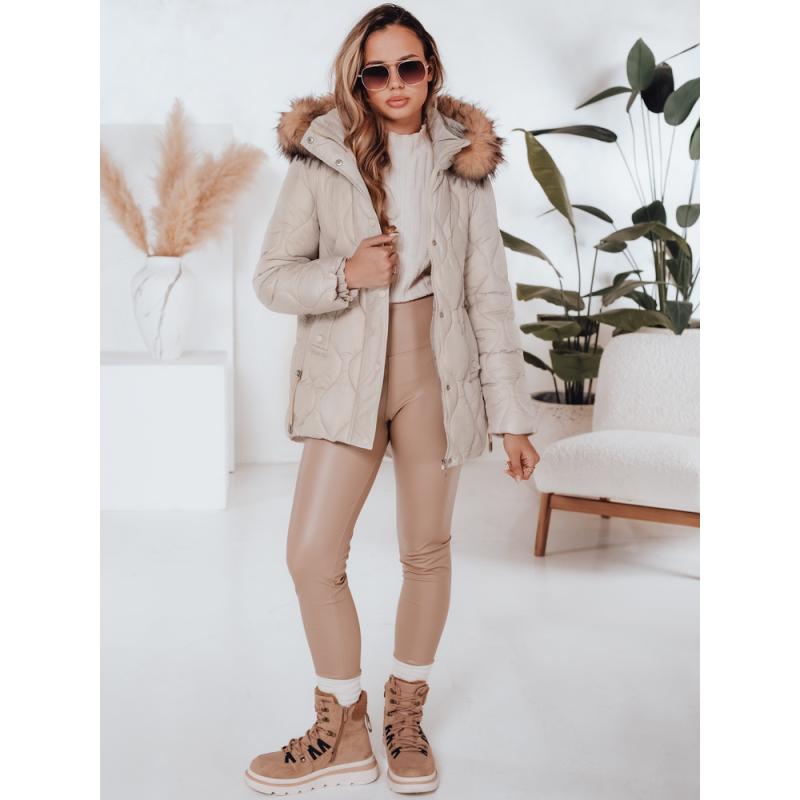 Dámska zimná bunda LUMORE prešívaná s kapucňou svetlo béžová