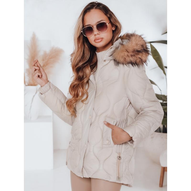 Dámska zimná bunda LUMORE prešívaná s kapucňou svetlo béžová