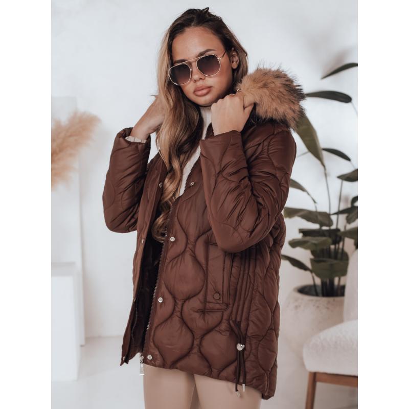 Dámska zimná prešívaná bunda LUMORE s kapucňou hnedá
