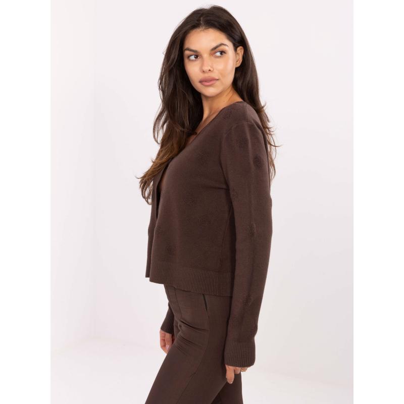 Tmavě hnědý rozepínací svetr s výstřihem do V