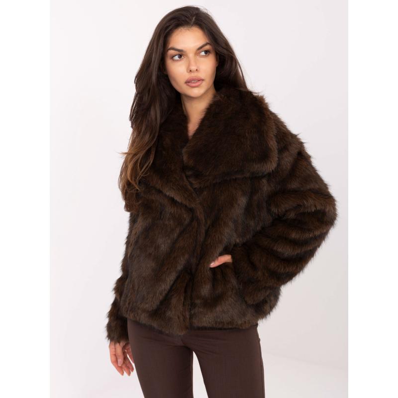 Tmavě hnědá kožešinová bunda s límcem RUE PARIS