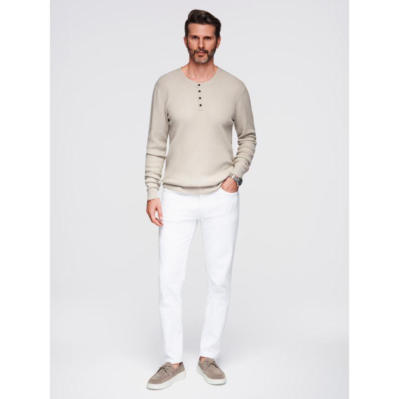 Férfi csíkos pulóver gombokkal a nyakkivágásnál – bézs V3 OM-SWSW-0182