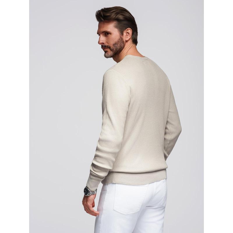 Férfi csíkos pulóver gombokkal a nyakkivágásnál – bézs V3 OM-SWSW-0182