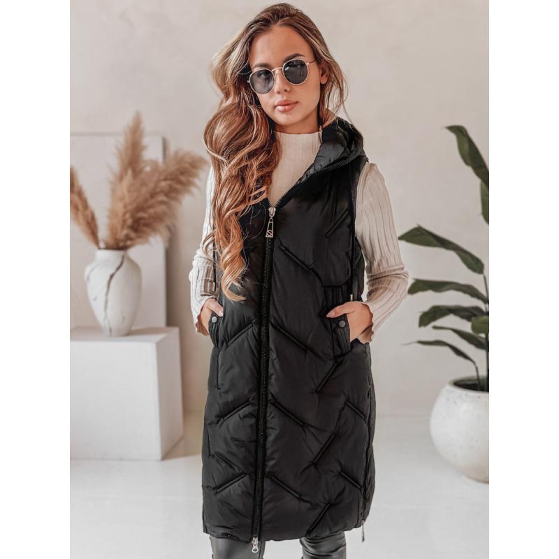 Dámska dlhá prešívaná vesta s kapucňou, čierna