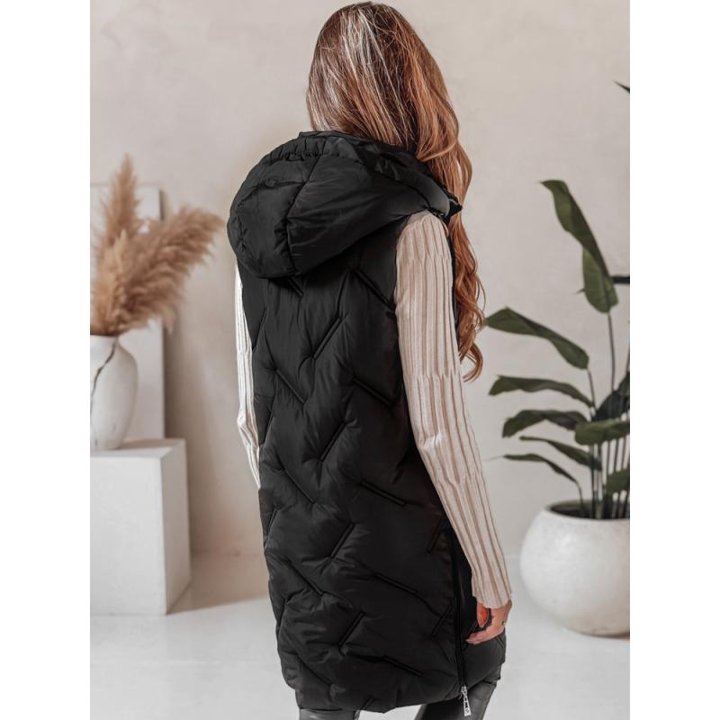 Dámska dlhá prešívaná vesta s kapucňou, čierna