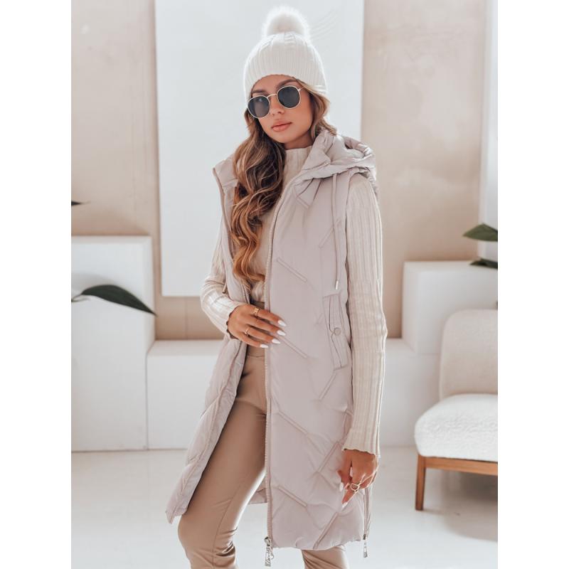 Dámska dlhá prešívaná vesta s kapucňou, béžová