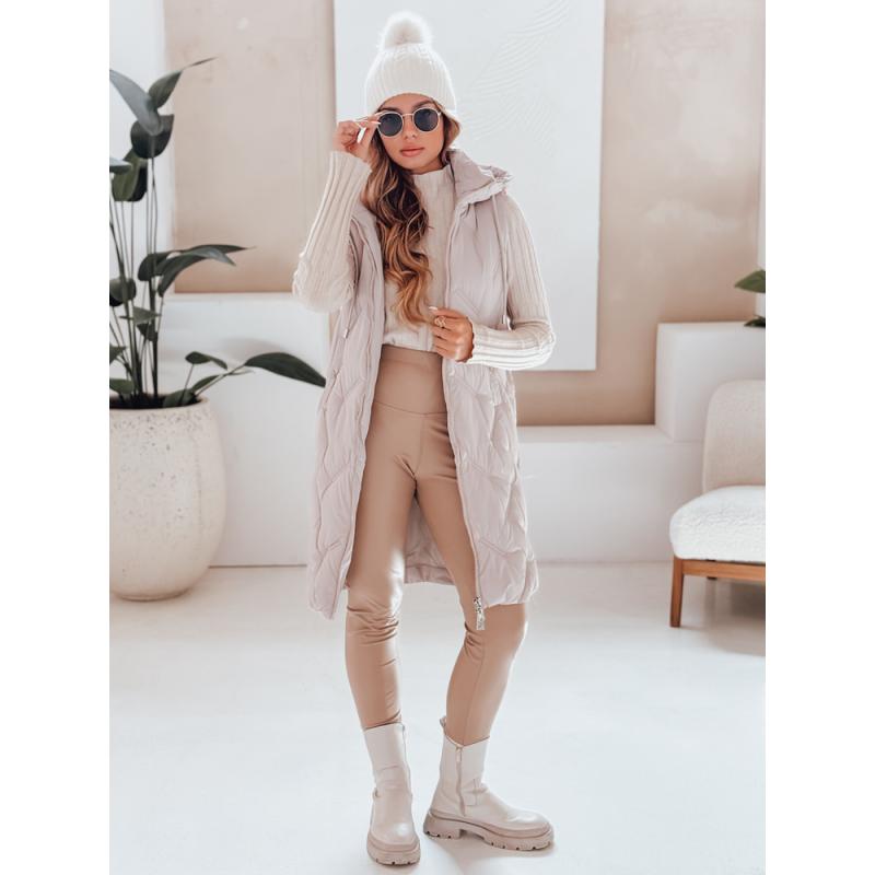 Dámska dlhá prešívaná vesta s kapucňou, béžová